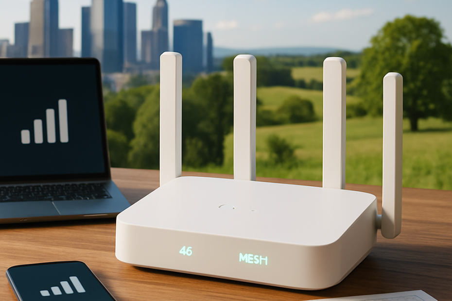 Modern router with urban and rural landscapes illustrating mobile internet connectivity options.