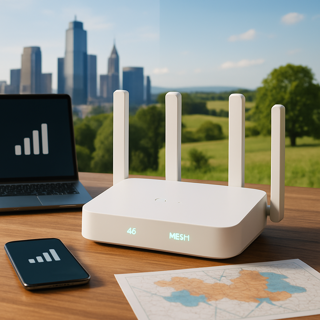 Modern router with urban and rural landscapes illustrating mobile internet connectivity options.