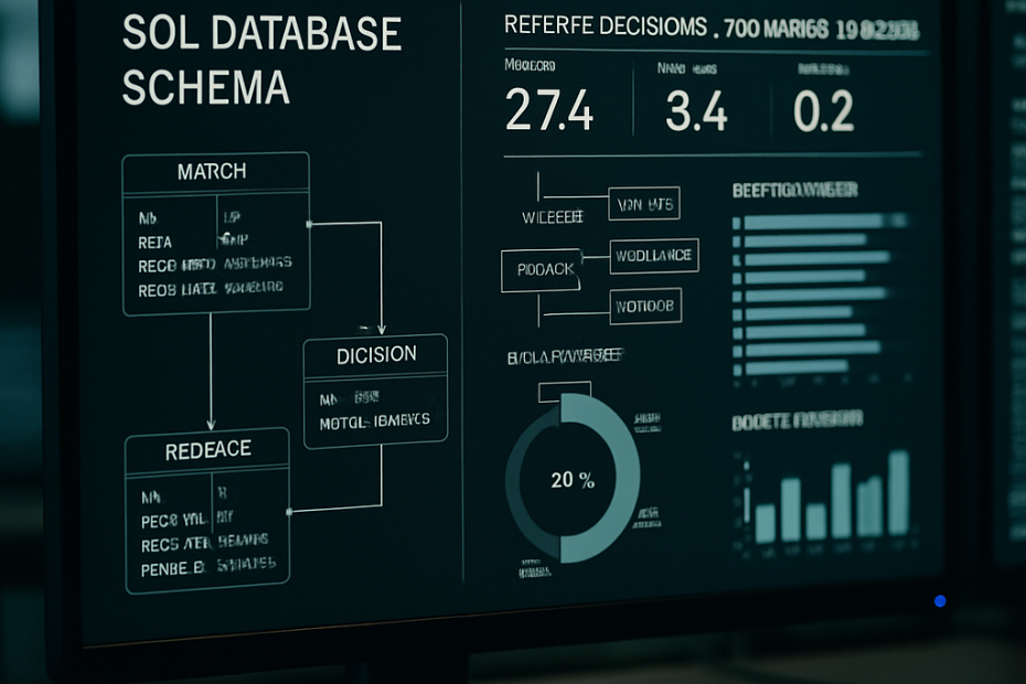 A SQL database schema with analytics on a digital workspace showcasing referee decisions.