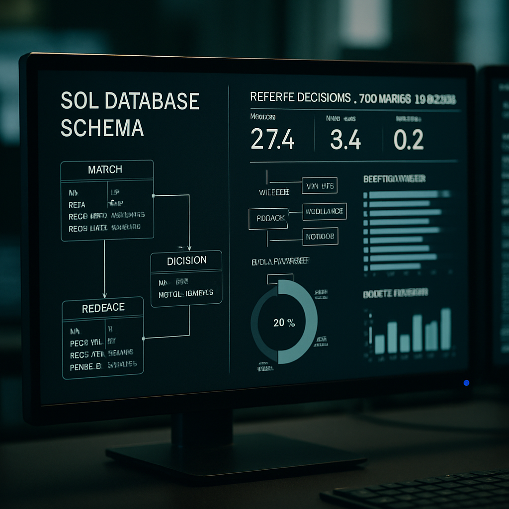 A SQL database schema with analytics on a digital workspace showcasing referee decisions.