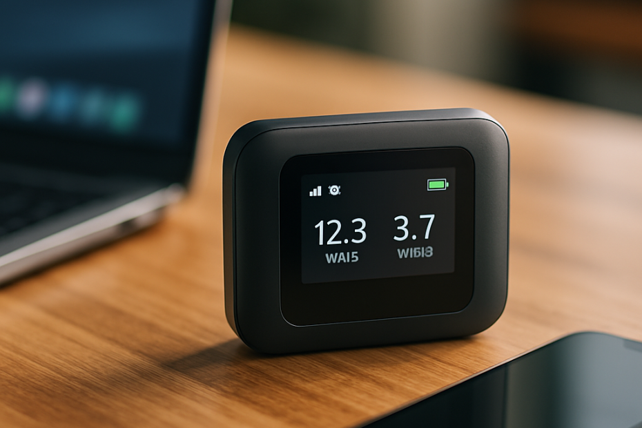Portable hotspot device on a table showcasing its data transfer and battery life in