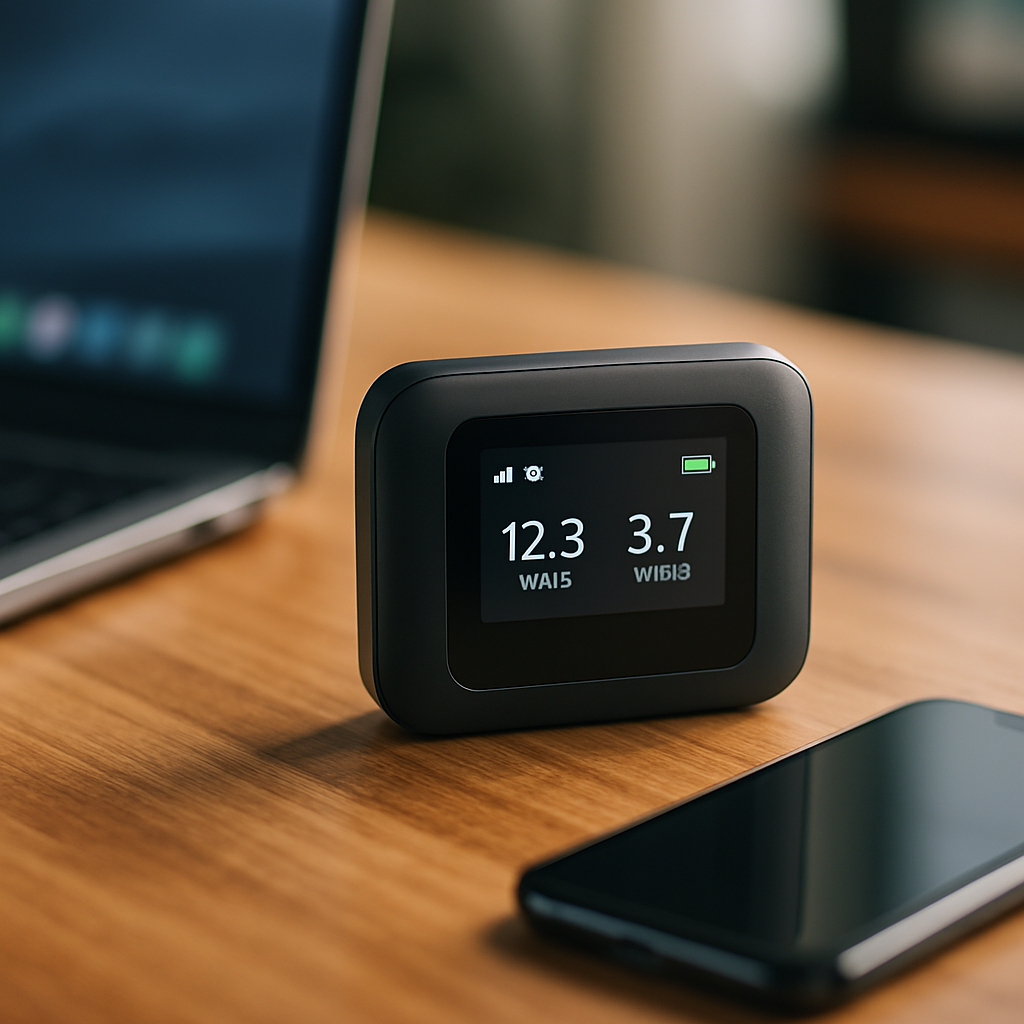 Portable hotspot device on a table showcasing its data transfer and battery life in