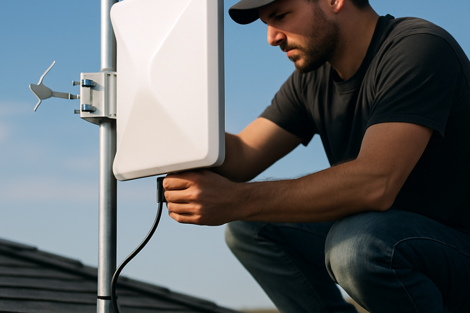 Technician installing an external antenna on a rooftop for better mobile internet reception.