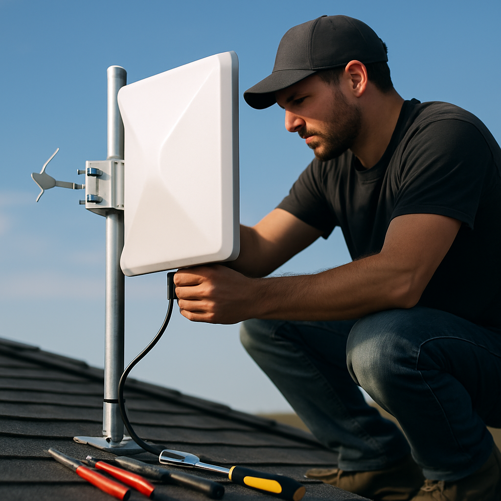 Technician installing an external antenna on a rooftop for better mobile internet reception.