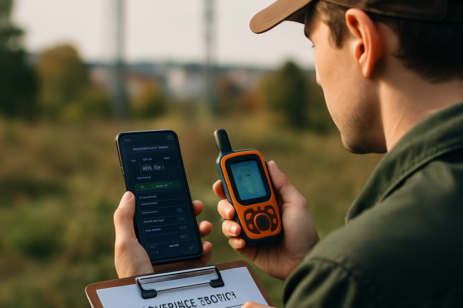 An individual collecting mobile network data in a mixed urban and natural environment, illustrating