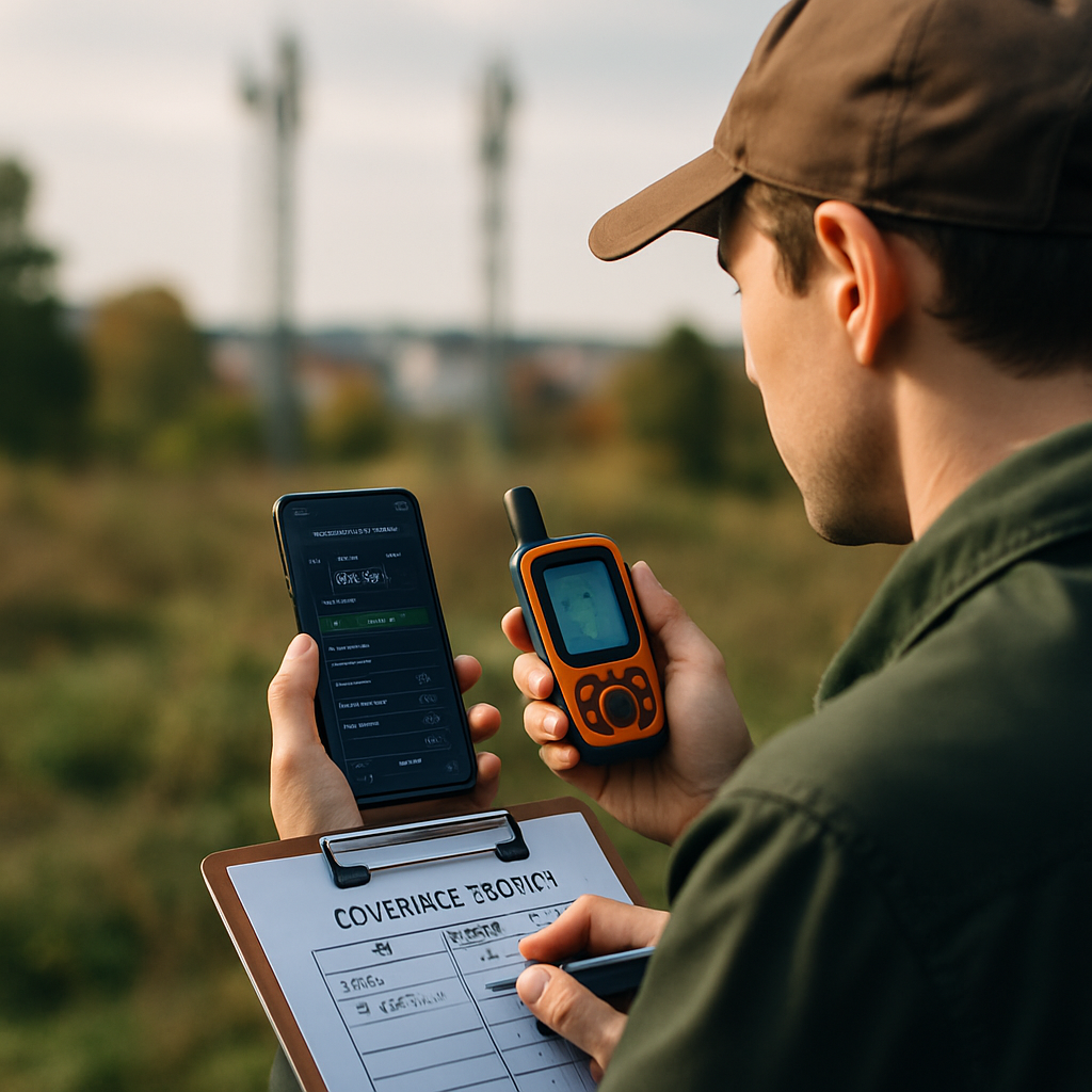 An individual collecting mobile network data in a mixed urban and natural environment, illustrating