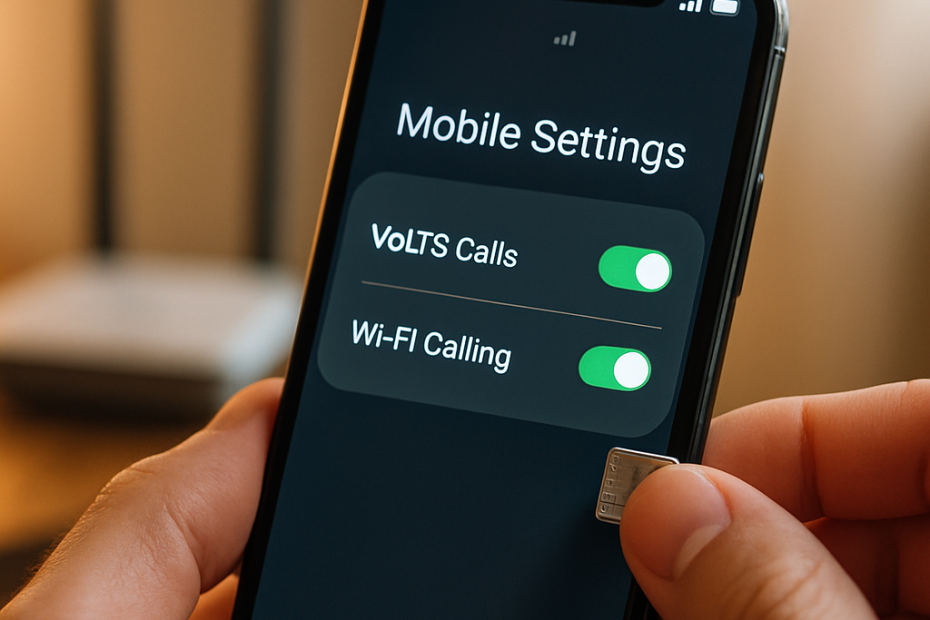 Close-up of a smartphone with VoLTE settings being adjusted in a home environment.