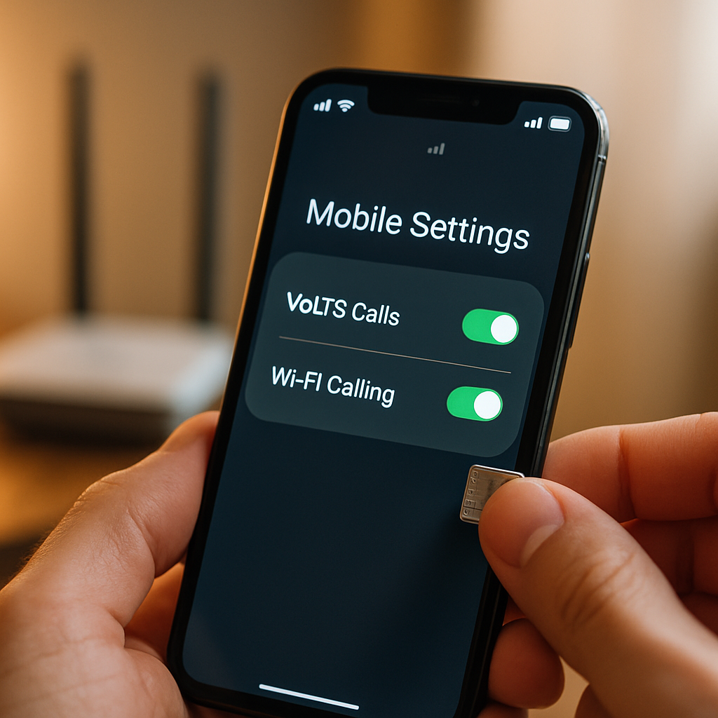 Close-up of a smartphone with VoLTE settings being adjusted in a home environment.